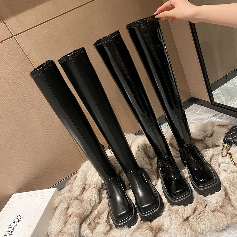 큰 신축성 있는 허리 두꺼운 다리 두꺼운 MM 날씬한 봄 가을 슬림 레그 부츠를 갖춘 여성용 QIU MEIER의 두꺼운 밑창 페이턴트 가죽 무릎 위 부츠