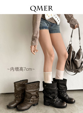 秋美儿~7cm内增高~小个子裤管短靴女西部牛仔靴百搭2026巨好看