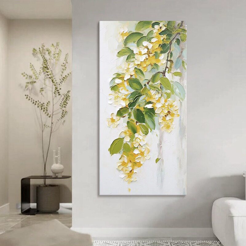 现代简约桂花手绘油画大芬村绿植客厅玄关走廊电表箱花卉装饰挂画