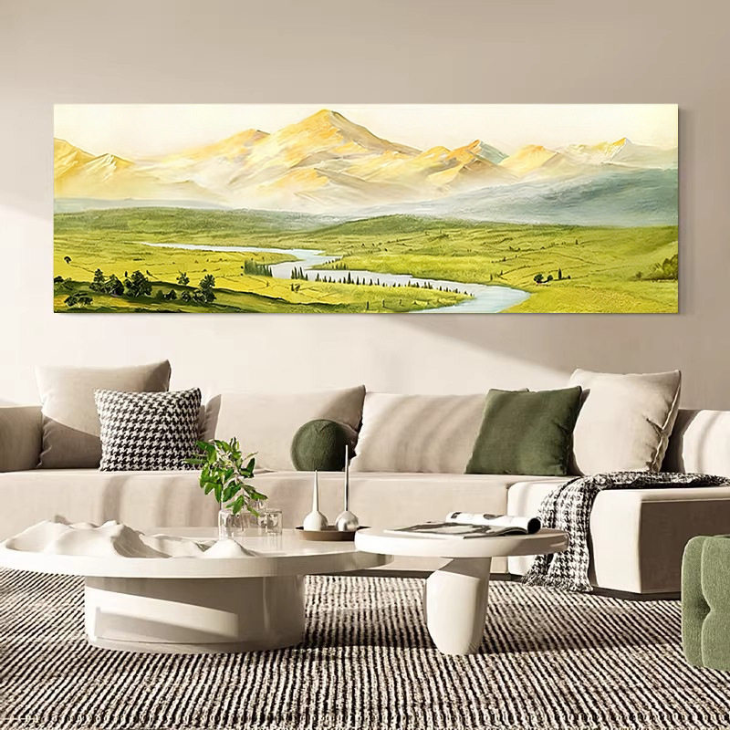 大芬村手绘油画现代客厅沙发背景横款装饰挂画背靠金山肌理壁画