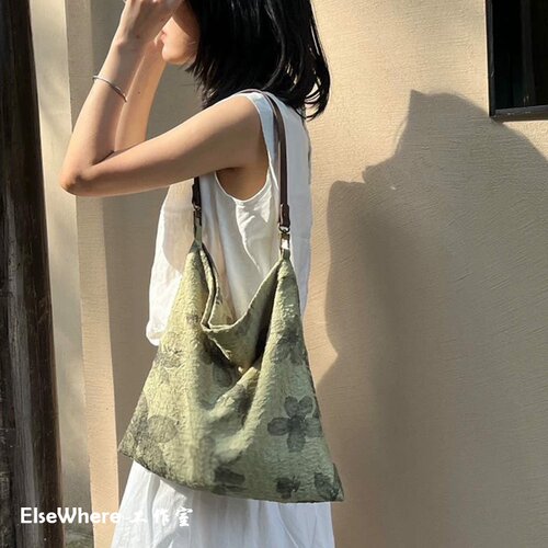 EW复古水墨花布包百搭小众皮绳款单肩包腋下包女士大容量帆布包