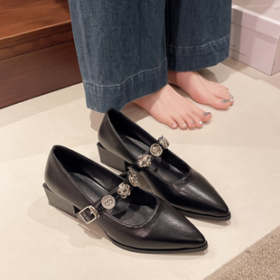 高级气质一字带玛丽珍鞋 女粗跟尖头通勤小皮鞋 外穿配裙子时尚 单鞋