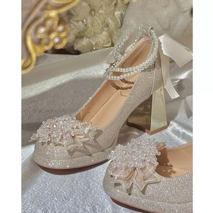 法式粗跟高跟鞋女18岁成人礼单鞋秀禾主婚纱两穿新娘鞋百搭伴娘鞋