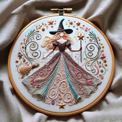 跨境新品Pink Witch Embroidery KIT 女巫刺绣套件DIY刺绣材料包