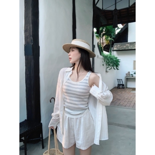 小象【清迈假日】条纹亚麻宽松长袖衬衫外套女+高腰短裤 两件套装