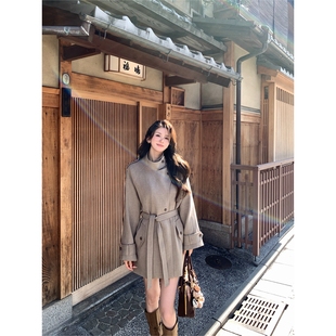 老钱风时髦休闲立领撞色系带宽松中长款 风衣女 漫步京都 小象