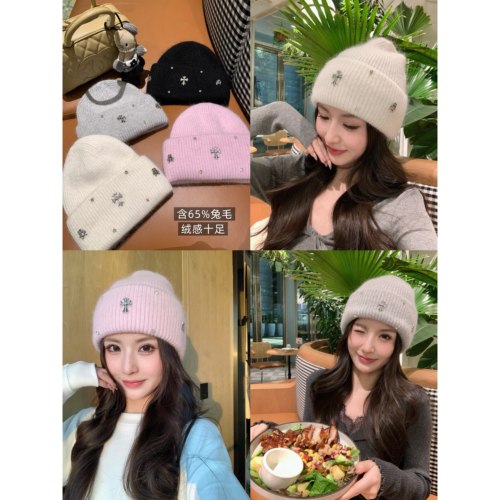 小象冬季保暖兔毛针织双折边帽