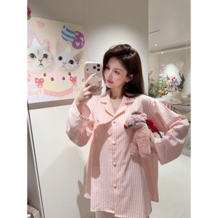 长裤 小象 女长袖 100棉刺绣高级家居服套装 可外穿 甜心条纹