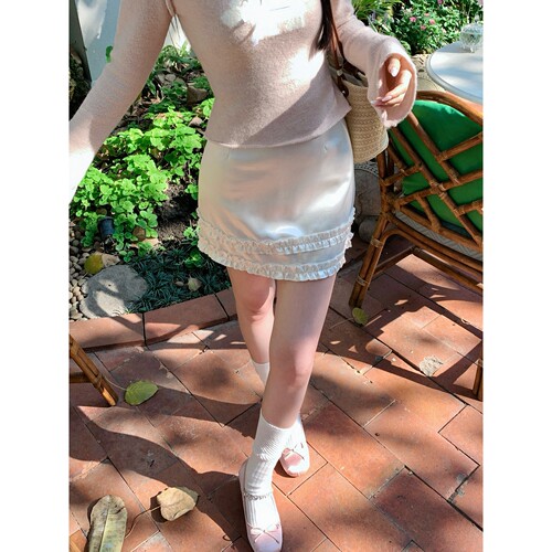 小象【Miu系高级感】缎面半身裙裤法式双层花边女韩系包臀A字短裙