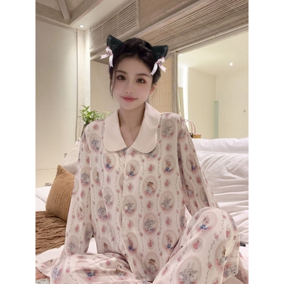 女冰丝绸兔子印花家居服套装甜美