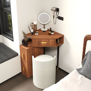 圆弧小户型卧室转角墙角一体床头柜梳妆台50cm化妆桌书桌中古风