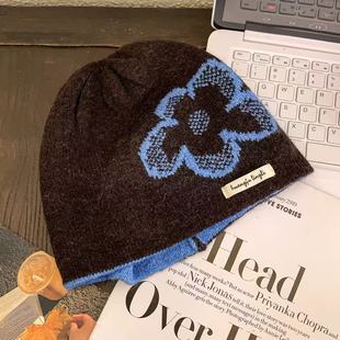 韩版复古提花针织帽子女秋冬季小众百搭保暖护耳包头帽显脸小冷帽