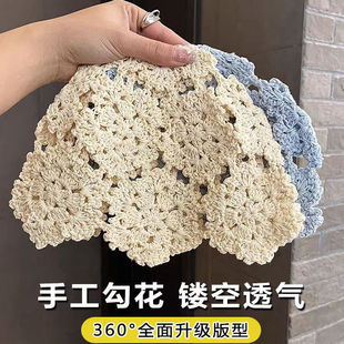 帽子女日系镂空手工钩花套头帽女士复古气质透气针织包头帽韩版潮