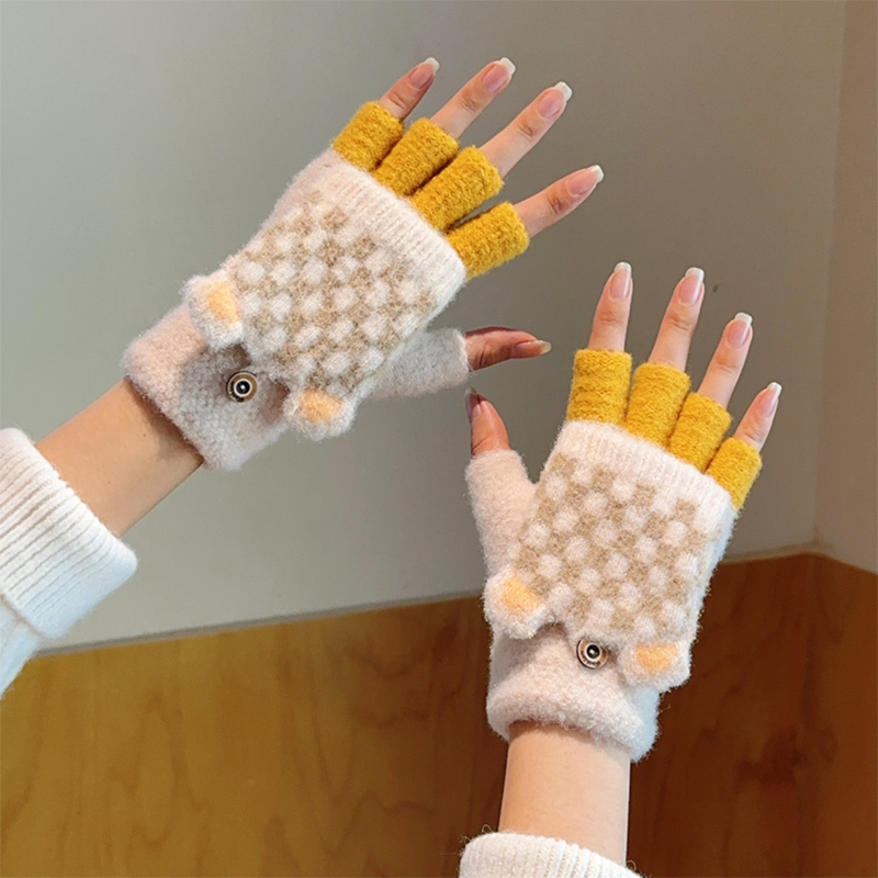 可爱手套女冬天加厚学生写字半指翻盖加绒手套冬季保暖针织毛线