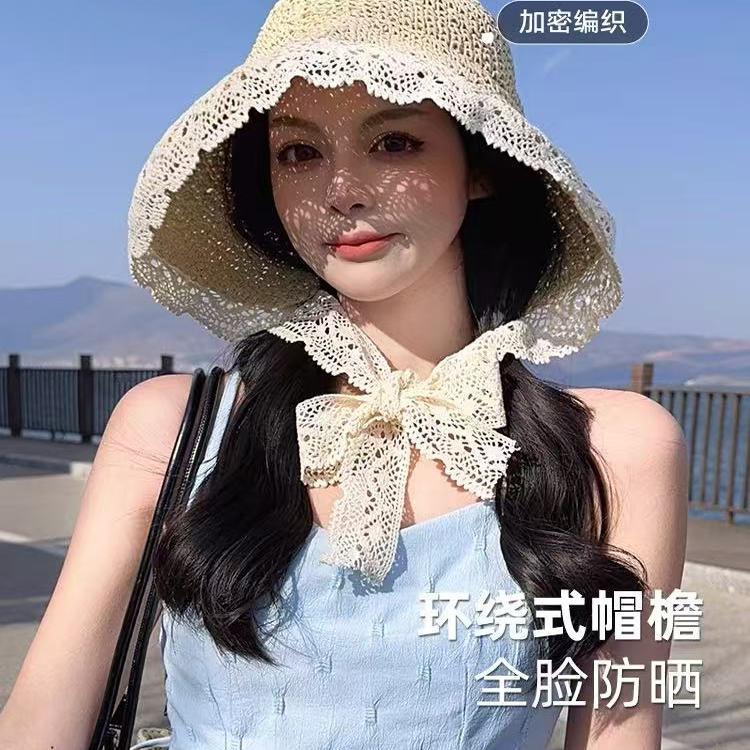 法式蕾丝花边遮阳草帽女夏季大帽檐飘带渔夫帽海边可折叠太阳帽子