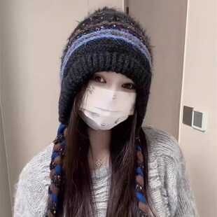加绒针织护耳帽女冬季户外保暖费尔岛风复古提花流苏包头帽时尚潮