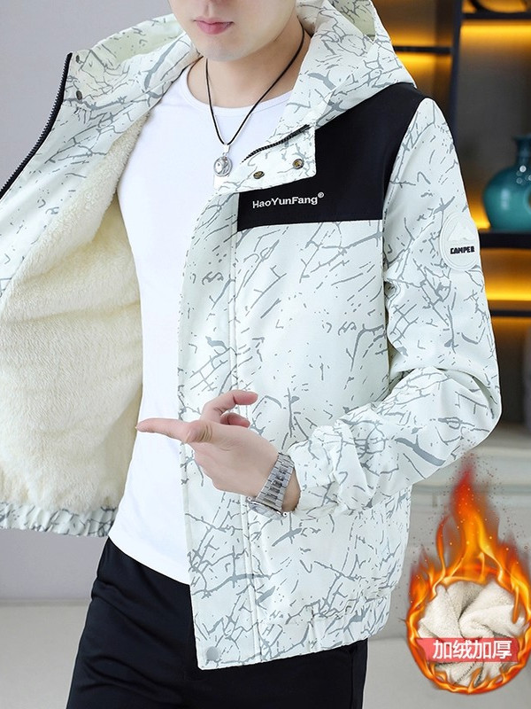 连帽拼接领复古夹克修身加厚工装外套男秋冬季新款青少年冬装衣服