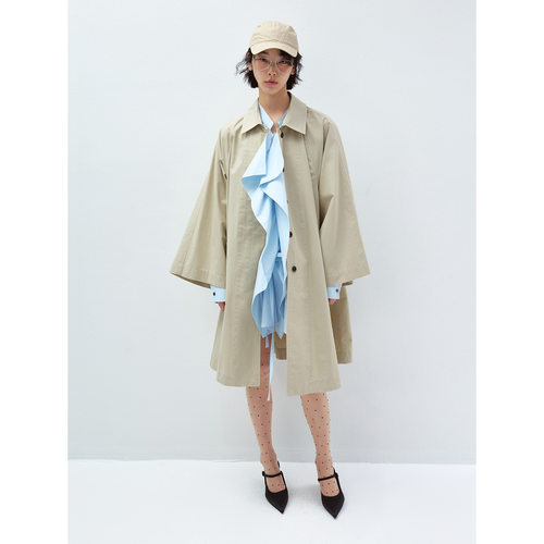 Hello September 简约纯色单排扣长袖宽袖蝙蝠翻领风衣外套V60058