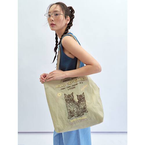 Hello September 猫猫绣花设计尼龙轻薄手提环保袋单肩包女V60060