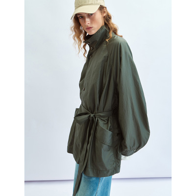 Hello September 轻盈质感短款单排扣宽松长袖绑系风衣外套V60274