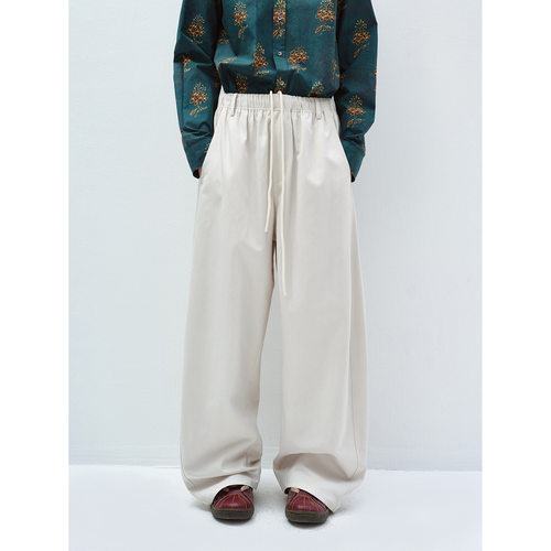 Hello September 经典收口弹力抽绳松紧腰纯色天丝休闲裤女V60295