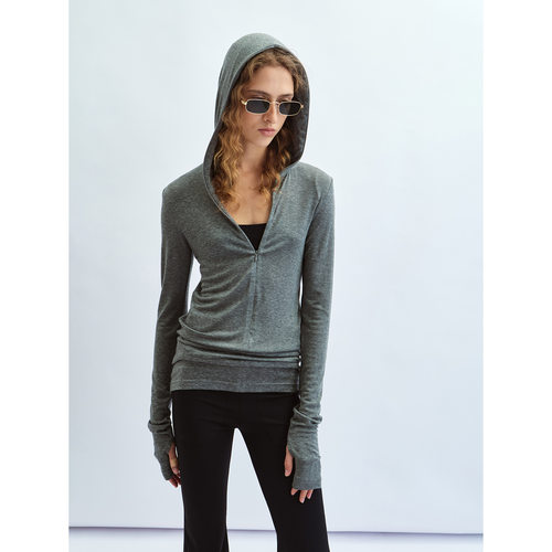 Hello September 柔软舒适贴身长袖拉链连帽打底衫上衣V60181