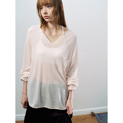 Hello September 休闲天丝麻薄透小V领简约纯色针织衫上衣H60367