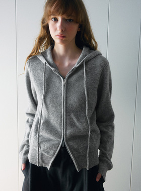 Hello September 休闲全羊毛净版纯色百搭抽绳连帽毛织开衫H9934