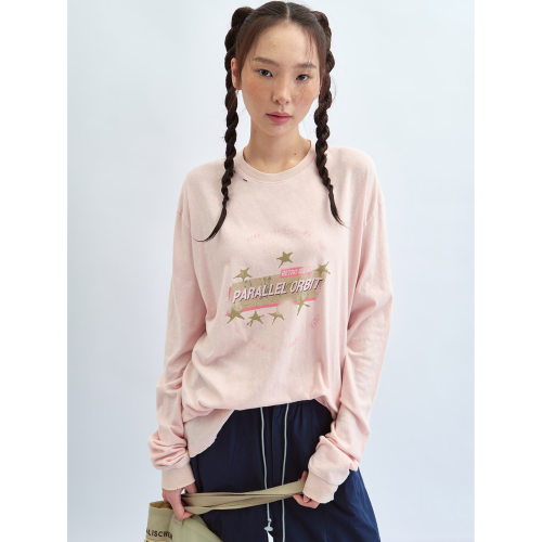 Hello September 百搭重工印花做旧圆领长袖纯棉T恤上衣女V60447