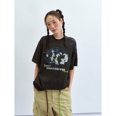 Hello September 纯棉复古水洗做旧印花圆领短袖休闲T恤女V60053