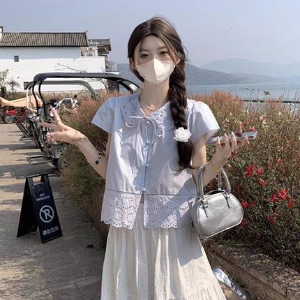 法式蕾丝上衣系带2025年夏季新款娃娃小个子短款多巴胺穿搭衬衫潮