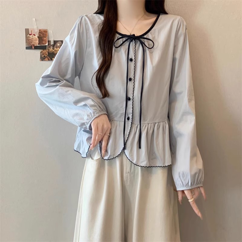 法式泡泡袖撞色蝴蝶结长袖衬衫女秋装大码胖mm显瘦短款荷叶边上衣