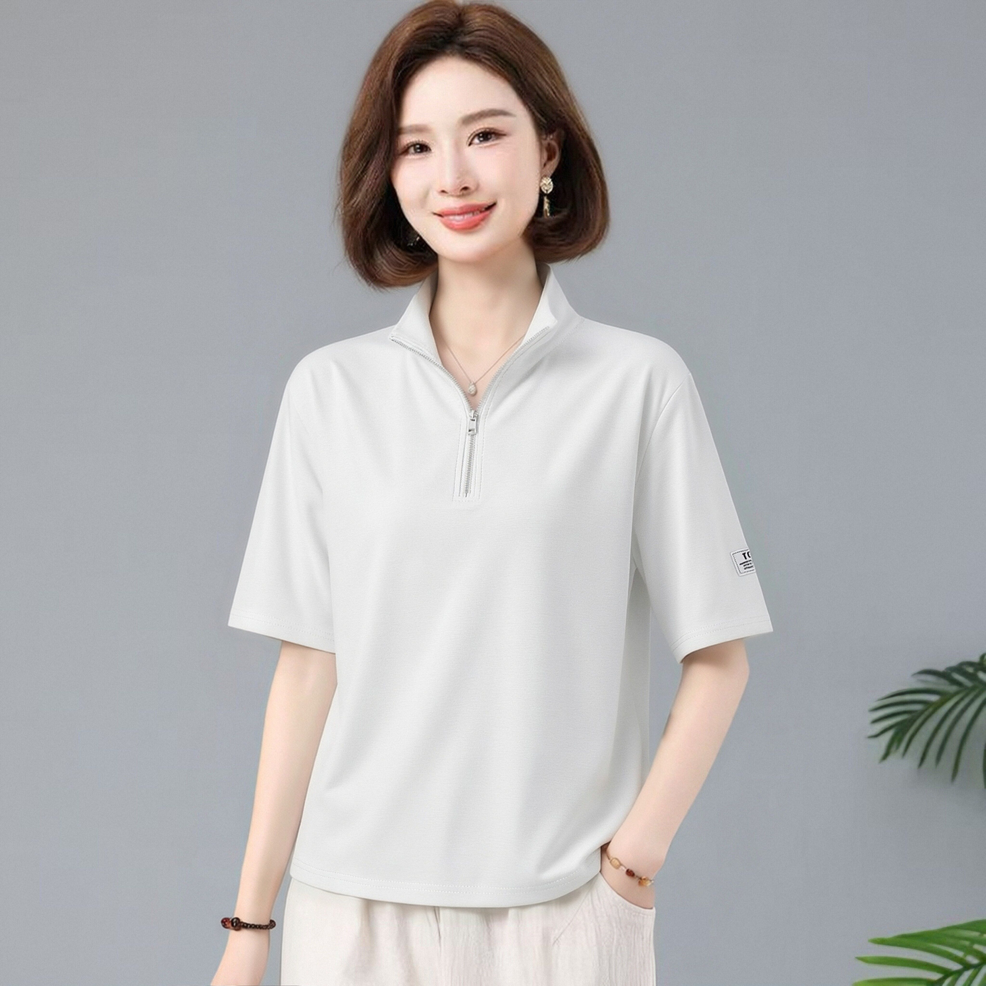 大码印花宽松立领半袖洋气夏装休闲ins字母印花T恤女显瘦拉链上衣
