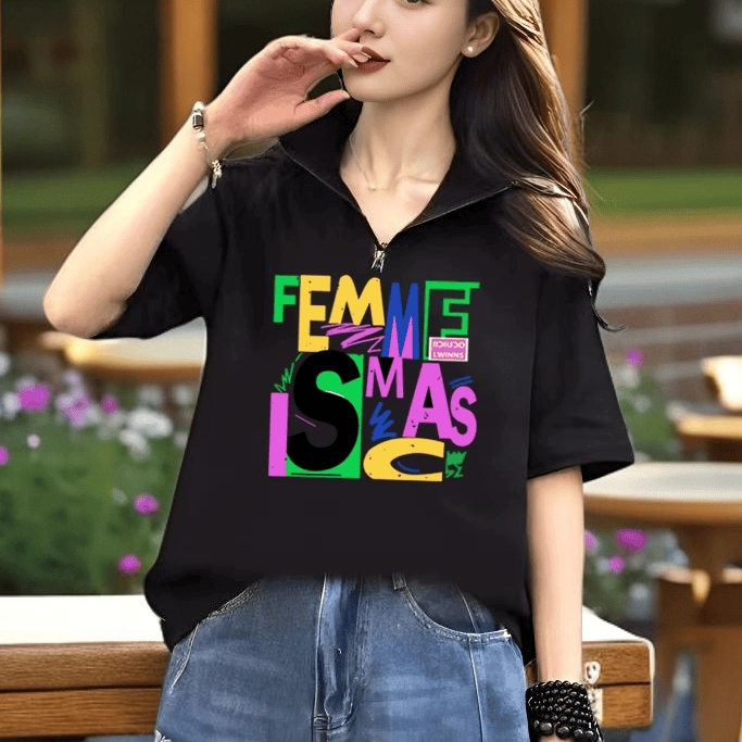 克莱因蓝立领半拉链短袖T恤女