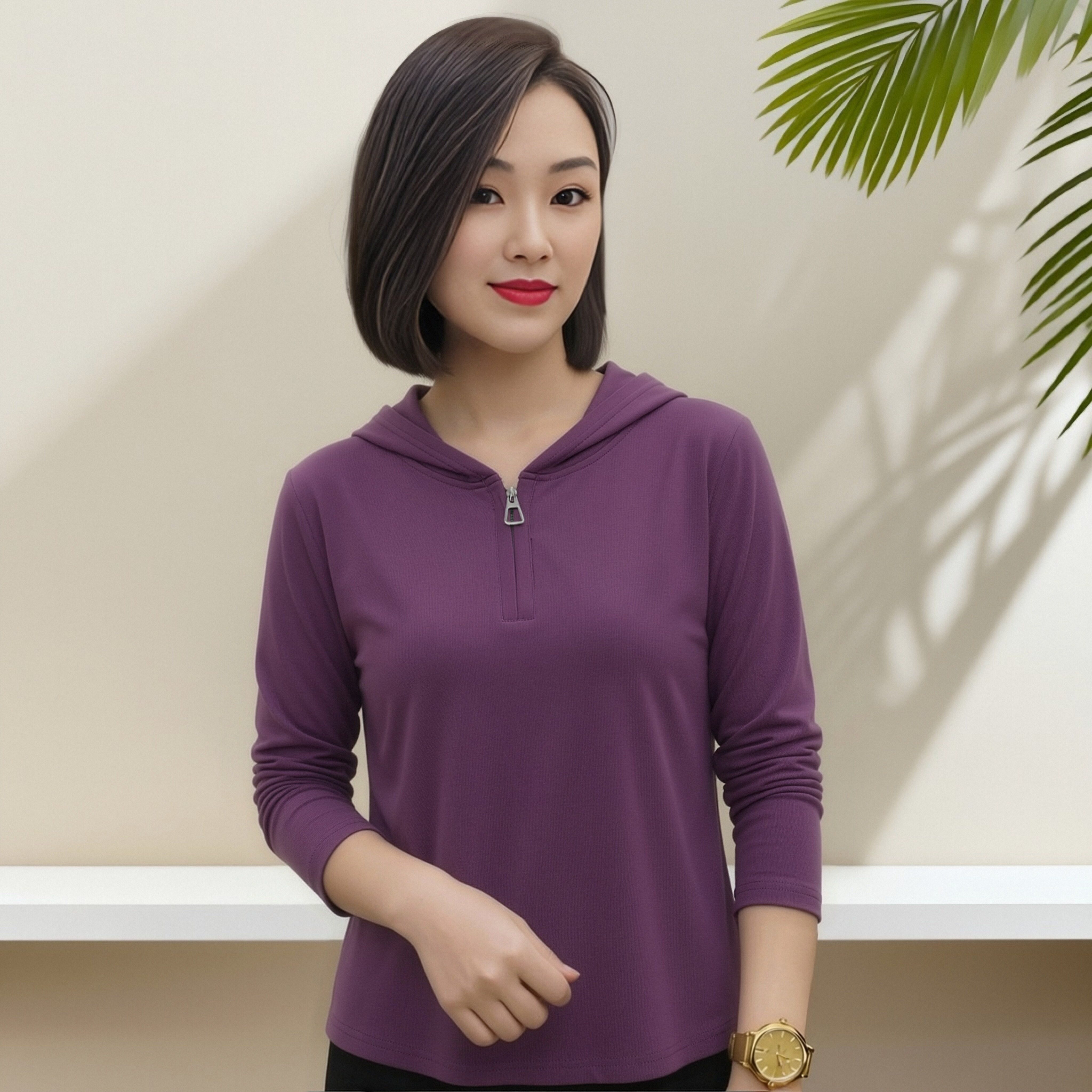 2026年春秋套头连帽长袖T恤女休闲拉链运动宽松百搭显瘦上衣女装.