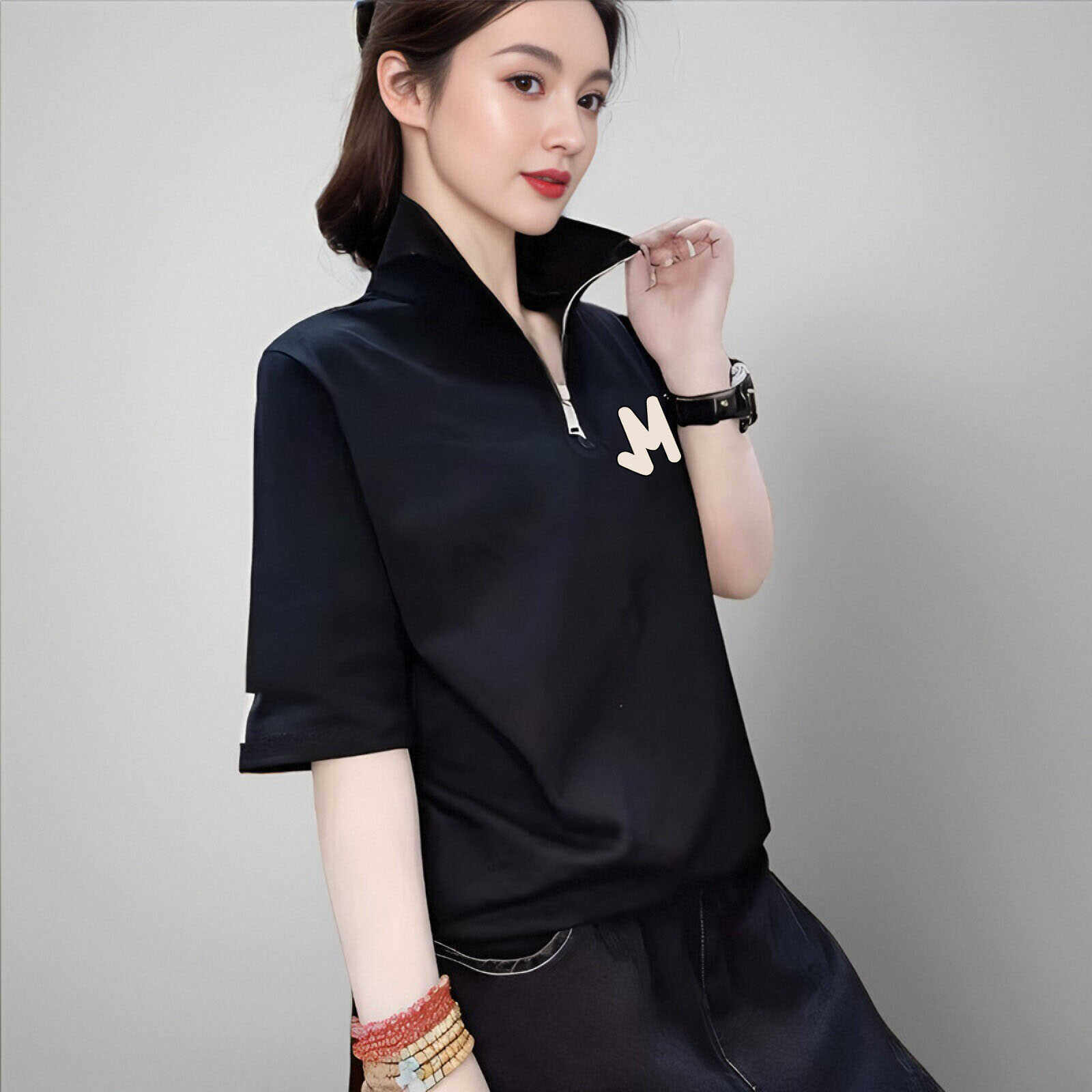 纯棉短袖立领拉链T恤薄款气质宽松显瘦五分袖玫红洋气女绿色上衣