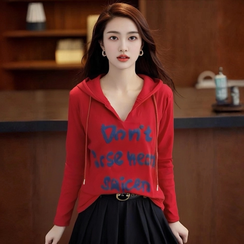 大码女美式字母印花纯棉长袖T恤女秋冬季宽松连帽微胖MM外搭上衣