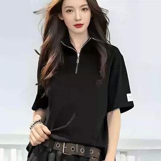 女T短袖拉链短袖立领纯棉衫百搭休闲立领T恤气质显瘦欧货上衣甜飒