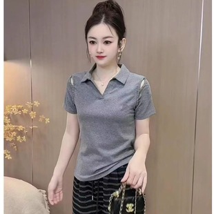上衣2025翻领POLO衫 新款 妈妈装 搂肩烫钻短袖 纯棉T恤短袖 时尚 夏季