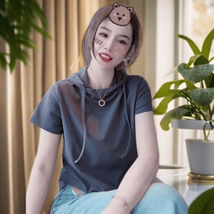连帽短袖T恤女2025新款爆款夏季薄款休闲卫衣帽衫正肩休闲上衣女