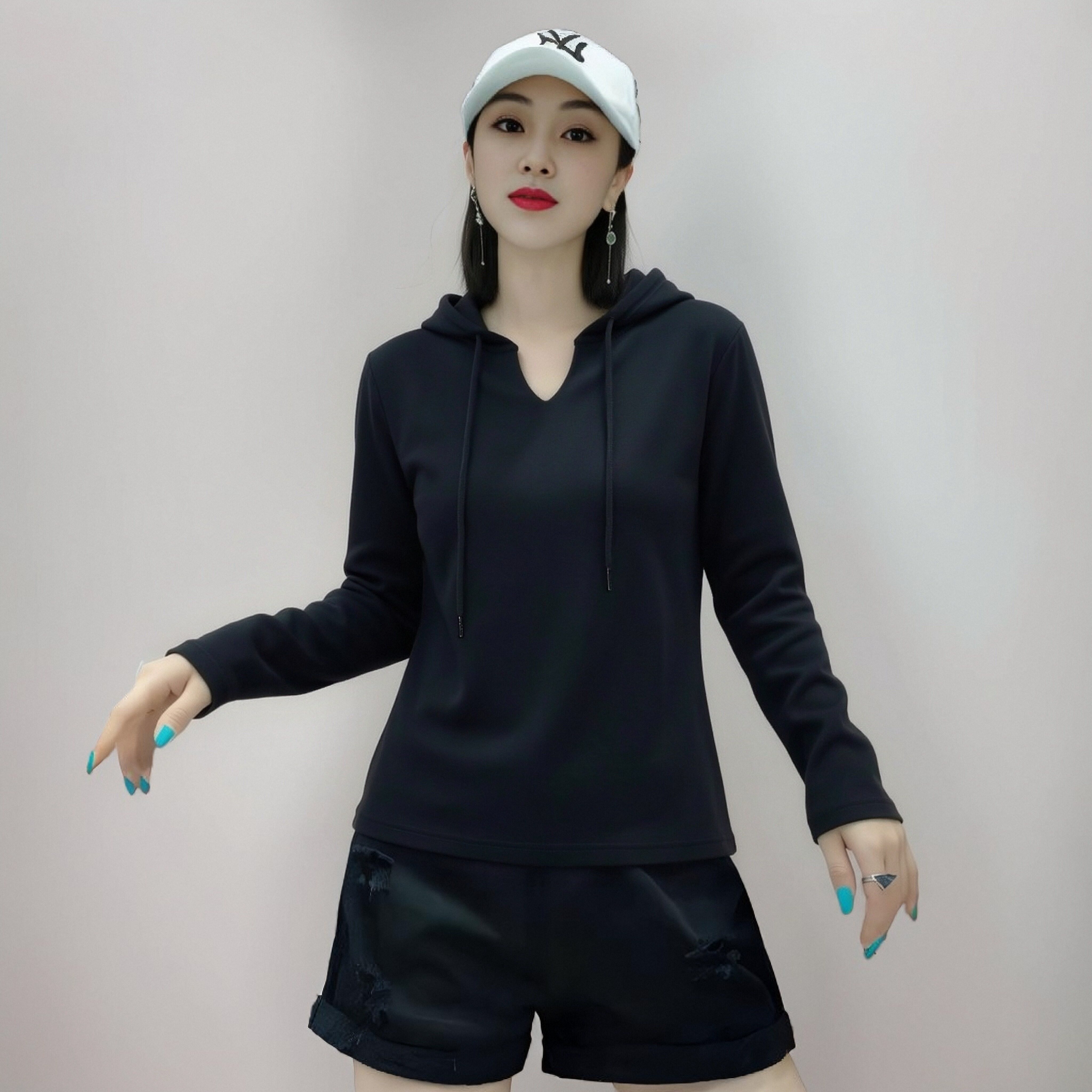 连帽衫女宽松百搭显瘦薄款套头运动上衣休闲风连帽长袖T恤女装潮.图片
