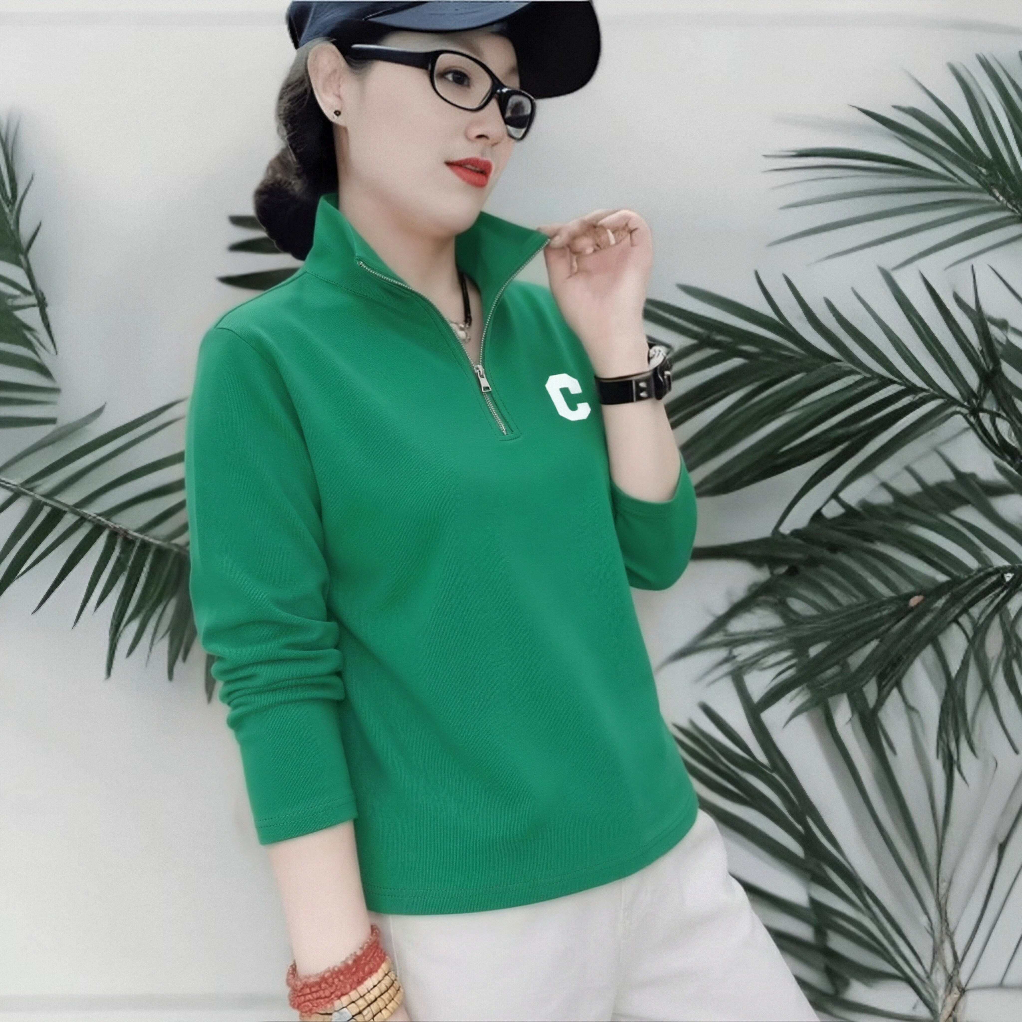 休闲风立领拉链长袖T恤2026年春秋女宽松显瘦百搭字母印花上衣潮.