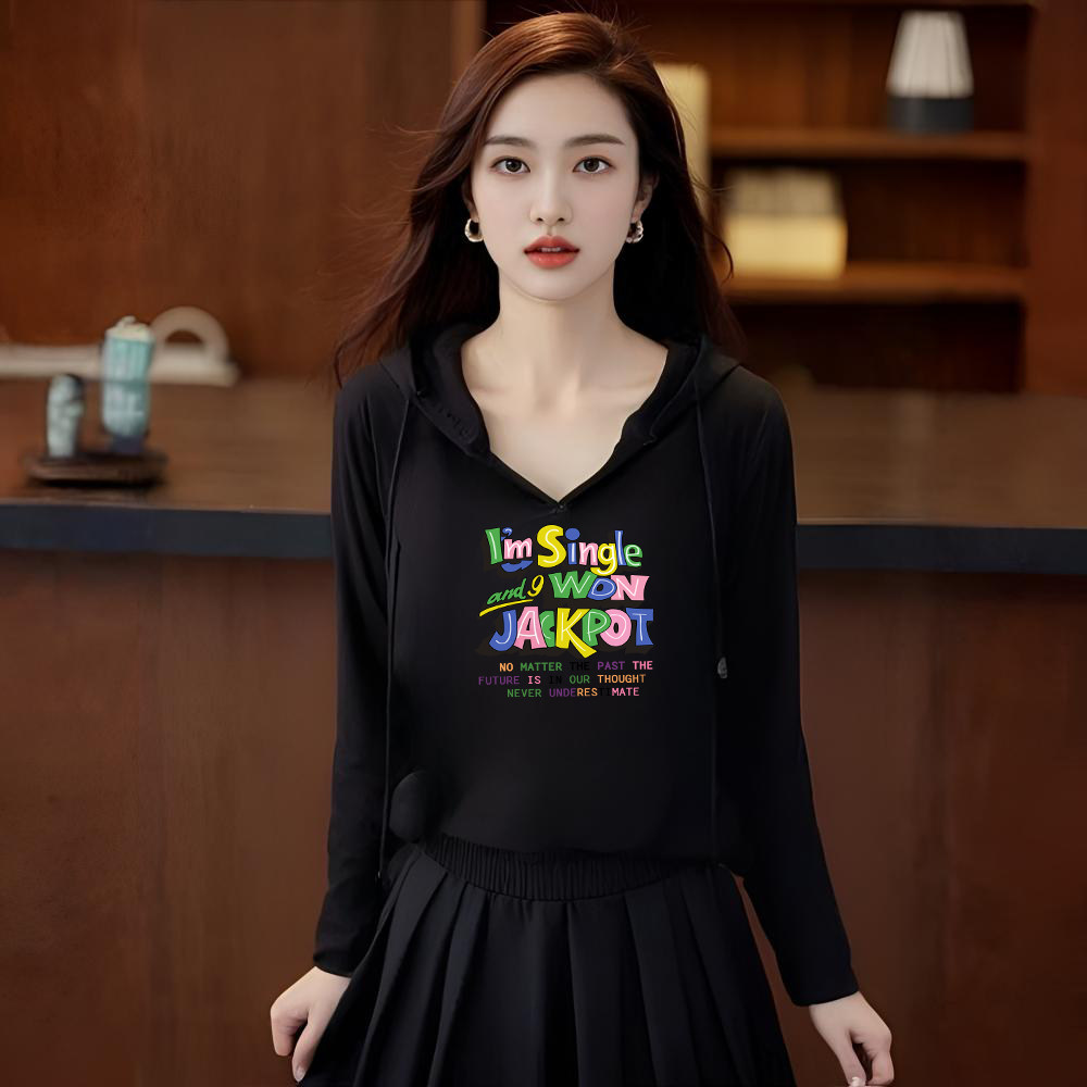 春秋季连帽纯棉长袖t恤宽松休闲洋气百搭时尚遮肉简约印花女上衣