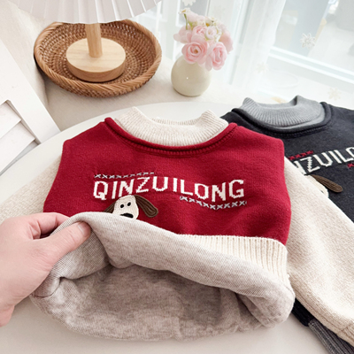 男童毛衣加绒加厚假两件2025冬款针织衫套头宝宝上衣卡通圆领德绒