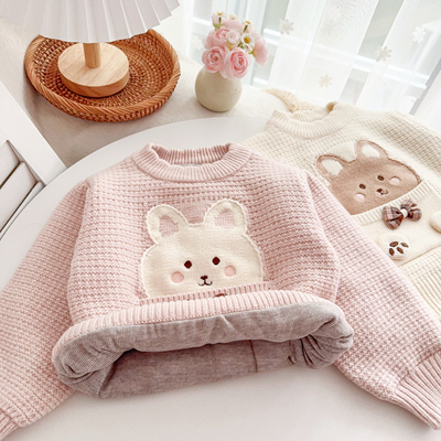 女童毛衣加绒加厚婴幼儿冬装洋气儿童加绒保暖德绒宝宝上衣冬季