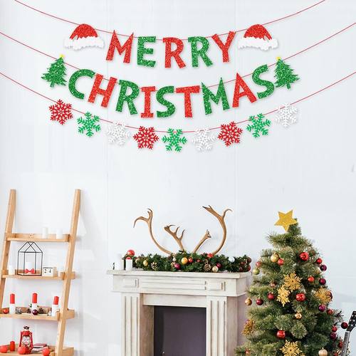 圣诞装饰拉花彩带挂饰MERRY CHRISTMAS字母雪花松树拉旗纸串挂件