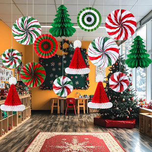 元旦圣诞节活动派对布置装饰店铺橱窗吊顶挂饰圣诞帽灯泡蜂窝挂件