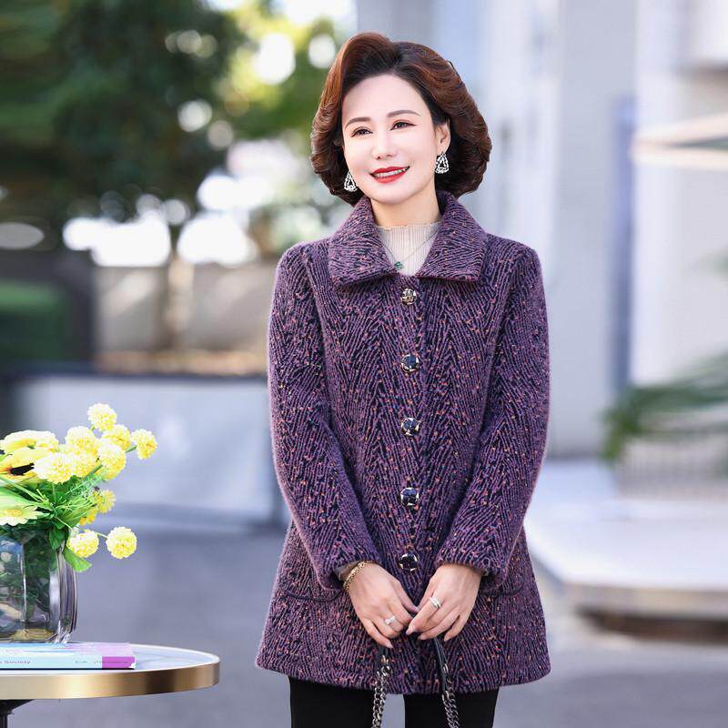 妈妈冬装毛呢外套中老年女装加绒加厚显瘦修身气质韩版羊羔绒大衣