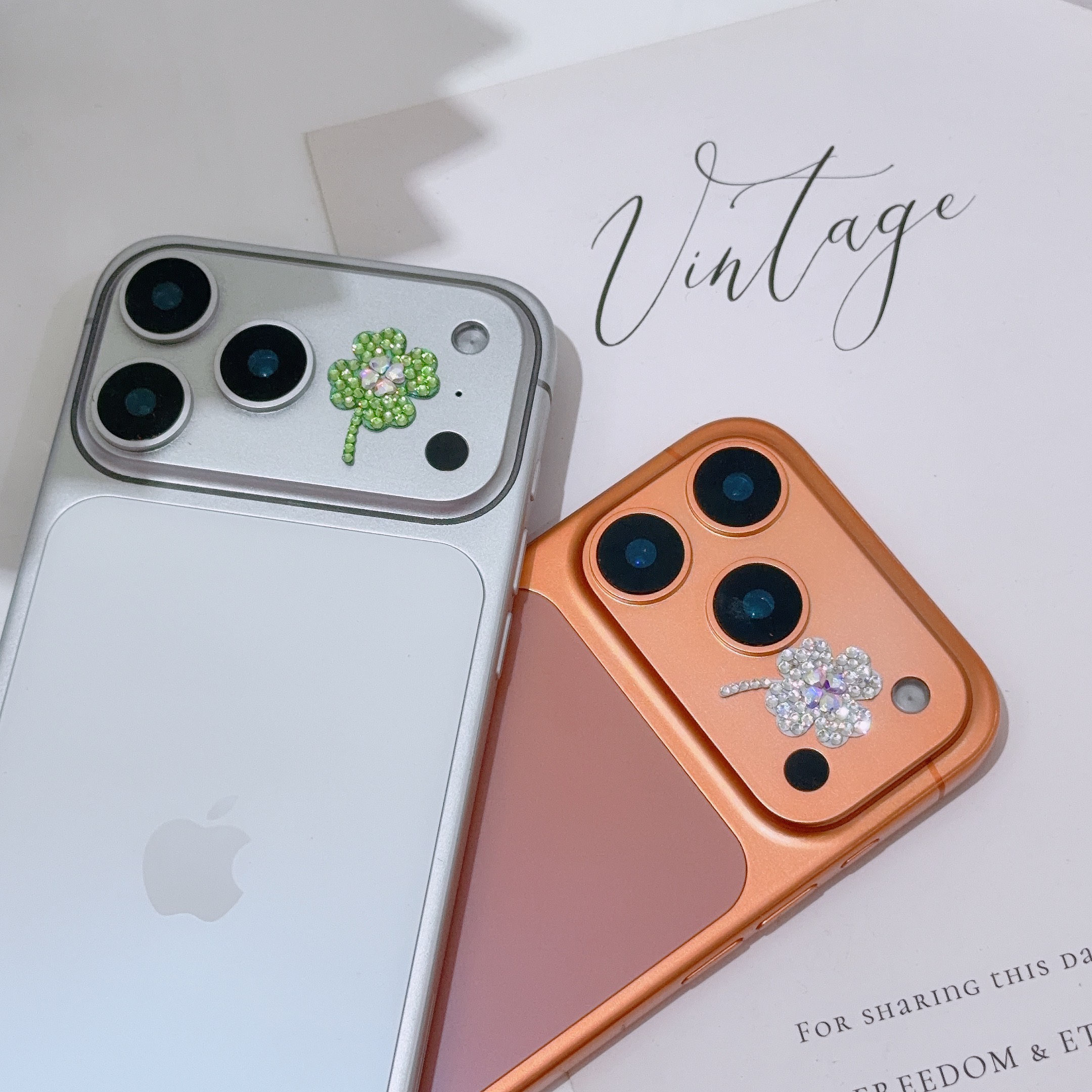 mumu原创小众设计钻贴幸运四叶草适用17promax镜头水贴纸手帐素材