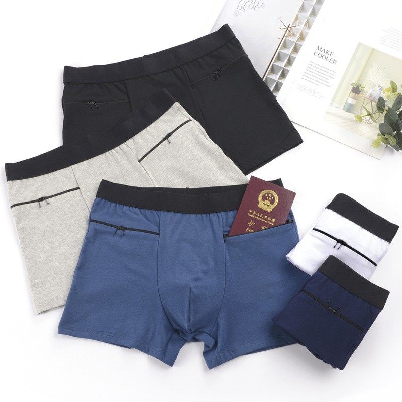 男士双拉链防盗内裤加大码高腰带口袋四角内裤有兜防偷棉平角内裤